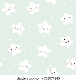 Cute smiling stars pattern. Night sky in pastel colors. Vector background for baby and kids design.

