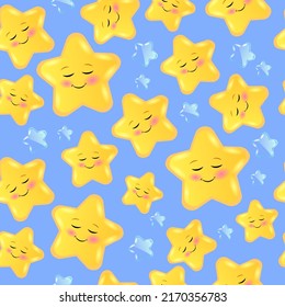 Cute Smiling Stars Pattern. Vector background for baby and kids design. Cute Cartoon Face Star Seamless Pattern on Pastel Blue Background.