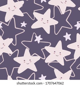 Cute smiling stars seamless pattern on pink background. Character star shapes elements wallpaper. Design for baby fabric, textile print, wrapping paper, cover, packing. Doodle vector illustration.