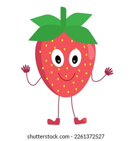 Cute smiling strawberry berry with arms and legs. An element for design on strawberry products, toys, baby food.