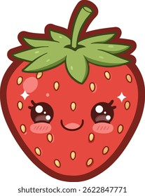Desenho Animado de Morango Sorridente Bonito com Blushing Cheeks, versão adesivo