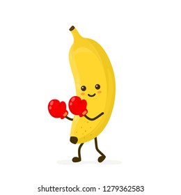 Cute smiling strong banana fighting in boxing gloves.Vector flat cartoon character illustration icon.Isolated on white background.Banana,gym,sport,box,boxing,health,fitness nutrition concept