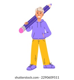 Cute smiling student holds a large pencil on his shoulder. Concept for education, creation, design, blog. Isolated flat cartoon character on white background