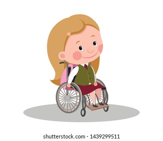 cute smiling student of primary school, a disabled girl in a wheelchair. Poster barrier-free environment in school and tolerance.