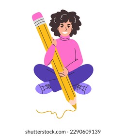 Cute smiling student sits, holds a large pencil and writes. Concept for education, creation, design, blog. Isolated flat cartoon character on white background