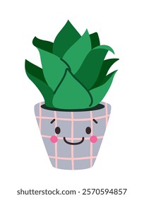 Cute smiling succulent plant in a checkered pot with a happy face. Bright green leaves, colorful and cheerful design on a white background. Vector illustration