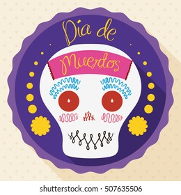 Cute and smiling sugar skull decorated with a paper in the front inside a greeting label for "Dia de Muertos" (Spanish for "Day of the Dead") in flat style.