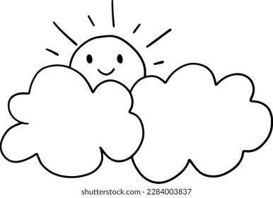 Cute smiling sun behind fluffy cloud cartoon emotion expression outline icon. Vector illustration