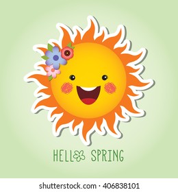Cute smiling sun cartoon character with spring flowers / Spring vector illustration / Hello spring.