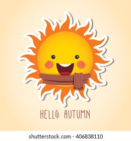 Cute smiling sun cartoon character with scarf / Autumn vector illustration / Hello Autumn.