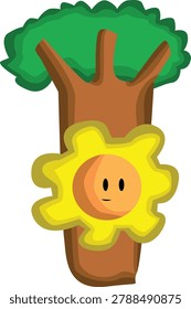 Cute smiling sun character beside a tree in flat vector cartoon style