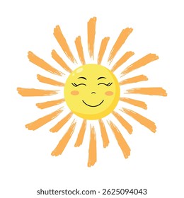 Carácter sonriente lindo del sol en estilo plano. Emoji de sol infantil. Ilustración vectorial