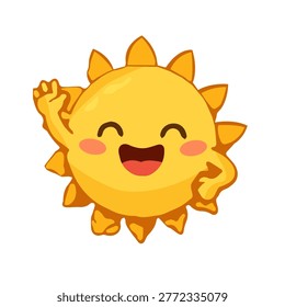 A cute smiling sun character radiates warm golden light, bringing cheerful and playful summer vibes.
