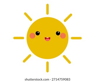 Personagem de sol sorridente bonito com rosto redondo amarelo, olhos simples e bochechas rosadas. Ilustração em estilo de vetor plano em fundo branco.