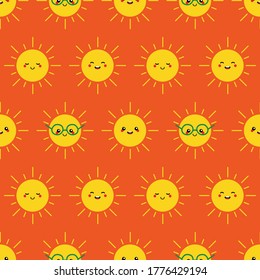 Cute smiling sun characters vector seamless pattern background.