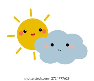 Cute  smiling sun and cloud characters with simple happy faces. Illustration in flat vector style on white background.