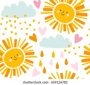 Cute smiling sun, clouds and raindrops vector pattern. Summer background. Funny design for kids and baby clothing.