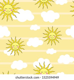 Cute smiling sun and clouds in the sky repeat vector seamless pattern