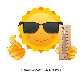 El lindo sol sonriente en gafas oscuras tiene un termómetro en la mano. Sol con termómetro aislado en blanco. Diseño de verano. Ilustración del vector