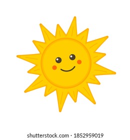 Cute smiling sun face icon isolated on white background. Funny sun character for kids. Vector illustration.