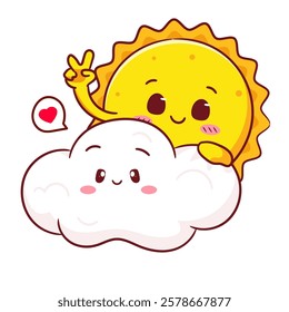 Cute smiling sun and a cute fluffy cloud. The sun flashes a peace sign while hugging the cloud. Kawaii object concept design vector illustration.