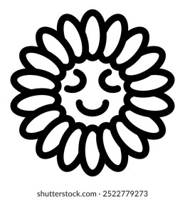 Cute smiling sun hiding in a flower with closed eyes, black and white line art drawing