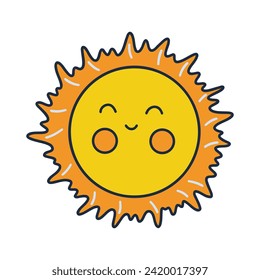 Cute smiling sun on white background. Colorful simple vector hand drawn isolated illustration. Doodle icon. Clip art or card. Celestial luminary