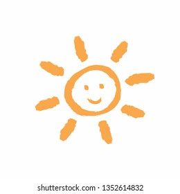 Cute smiling sun painted by hand with a rough brush. Grunge icon, logo, symbol. Sketch, graffiti, watercolor. Vector illustration.