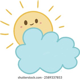 A cute smiling sun partially covered by a fluffy blue cloud in a cartoon style. Perfect for kids' designs.