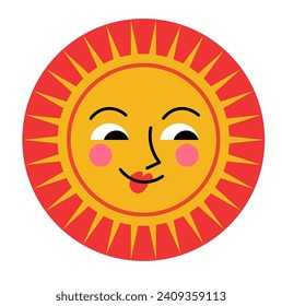 Cute smiling sun personage with rays and face with blush. Isolated sticker or emoticon of character. Sunny and positive rounded shape with facial expression of joy and happiness. Vector in flat style