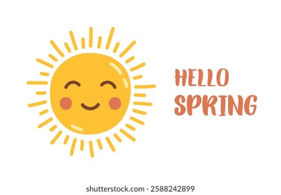 Cute smiling sun with quote hello spring. Spring hand drawn prints. Stickers, cards or posters