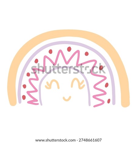 Cute smiling sun rainbow with pink zigzags and red dots for kids room on a transparent background