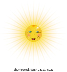 Cute smiling sun with rays and glow on a white background. Vector illustration