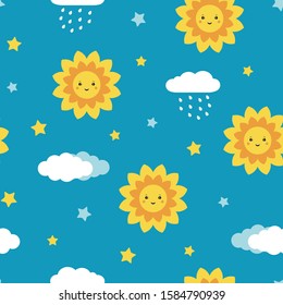 Cute smiling sun seamless pattern. Clouds, rain drops, stars. Design for kids textile, wallpaper, wrapping, fabric, scrap, gift, paper. Blue background. Vector