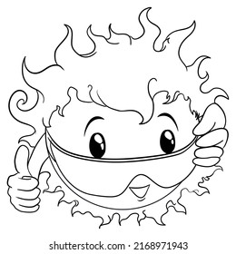 Cute smiling sun, shouting at you with thumb up gesture and wearing sunglasses during summertime. Colorless design in outlines to coloring it.