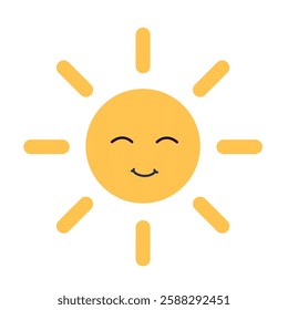 Cute smiling sun with simple rays in cartoon style on white background. Cute cartoon weather forecaster characters with funny faces.
