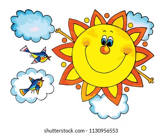 Cute smiling sun in the sky with birds and clouds. Colored vector for gift or card.