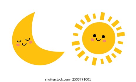 Sol sonriente lindo y luna durmiente, ilustración plana simple, iconos, estilo de libro de los niños. Día y noche personajes kawaii aislados sobre un fondo blanco. Cartel de Vector, Anuncio o postal.