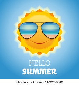 Cute smiling sun in sunglasses. Summer design. Sea and the beach are reflected in sunglasses. Hello summer. Vector illustration