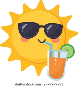 Cute Smiling Sun with Sunglasses and Tropical Drink