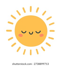 Cute smiling sun vector illustration with closed eyes and soft rays, isolated on white background. Flat pastel design perfect for spring, summer themes, kids projects, stickers, cards, nursery decor.