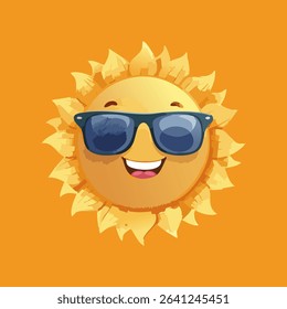 Cute smiling sun wearing sunglasses on orange background, perfect summer vector icon for kids, holiday themes, advertisements, and fun seasonal designs in flat modern cartoon style