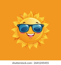 Cute smiling sun wearing sunglasses on orange background, perfect summer vector icon for kids, holiday themes, advertisements, and fun seasonal designs in flat modern cartoon style