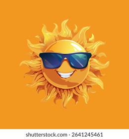 Cute smiling sun wearing sunglasses on orange background, perfect summer vector icon for kids, holiday themes, advertisements, and fun seasonal designs in flat modern cartoon style