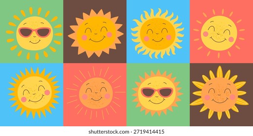 A cute smiling sunny set of characters. Happy cartoon suns with different facial expressions. Summer weather icons. Flat vector illustration.