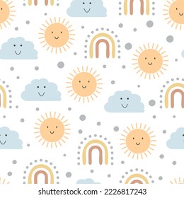 Cute smiling suns and clouds seamless vector pattern in skandinavian style on white background, textile for kids