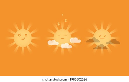 Lächelnde Sonnen mit Wolken. Vektorgrafik.