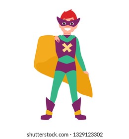 Cute smiling superboy or superchild. Happy boy wearing mask, bodysuit and cape standing in powerful position. Fantastic kid hero or secret agent with super power. Flat cartoon vector illustration.