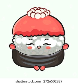 Carácter sonriente lindo del sushi que presenta una base del arroz, kanikama como cubierta, y huevas delicadas del salmón, encarnando la ternura y la felicidad en una ilustración plana minimalista del diseño para los conceptos alimenticios
