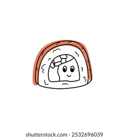 Estilo bonito de doodle de personagem de rolo de sushi sorridente, ilustração vetorial isolado no fundo branco. Elemento de design decorativo, comida japonesa, prato saboroso, rosto engraçado